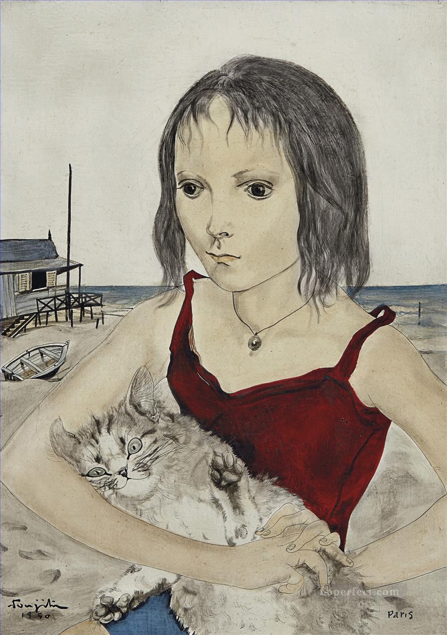 Jeune fille avec Son chat sur la plage Leonard Tsuguaru Fojita 日本語油絵